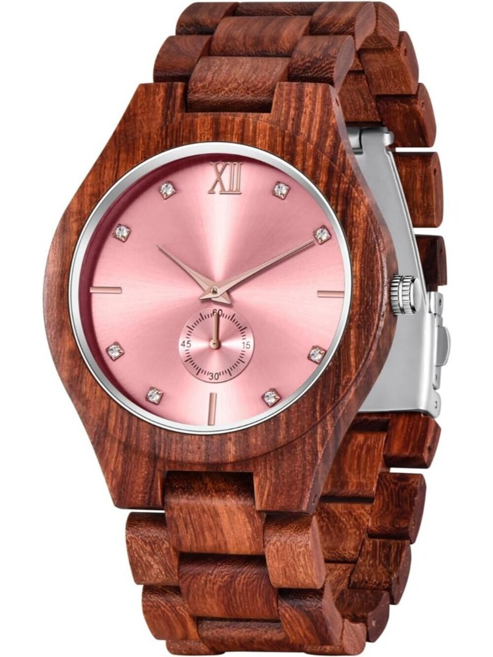 Men's Red And Pink Handmade Lightweight Analog Quartz Round Wrist Wooden Watch